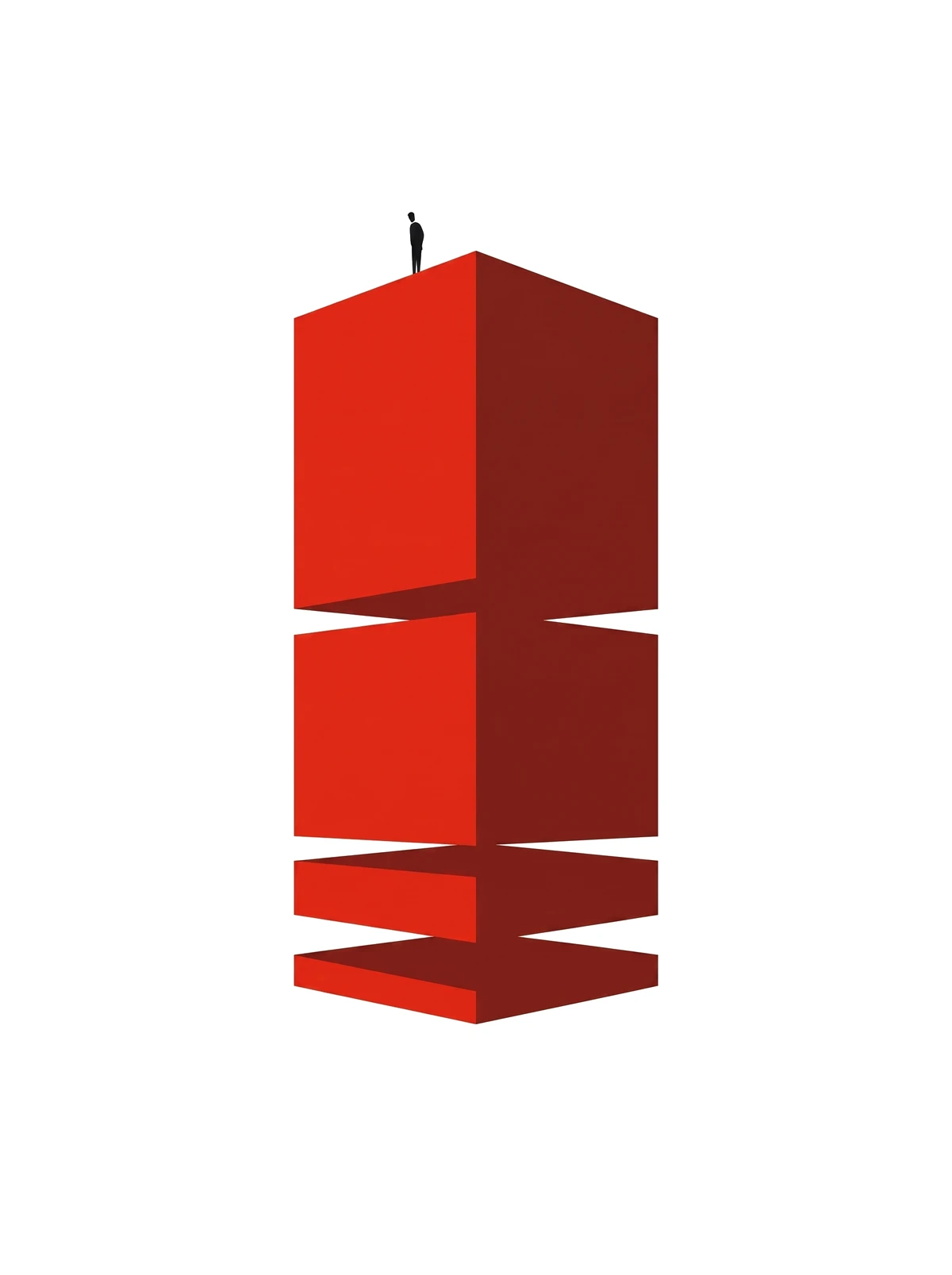 An inverted monolith of stacked blocks — a lone figure stands on the widest block at the top, and the whole structure rests on a single thin block at the bottom