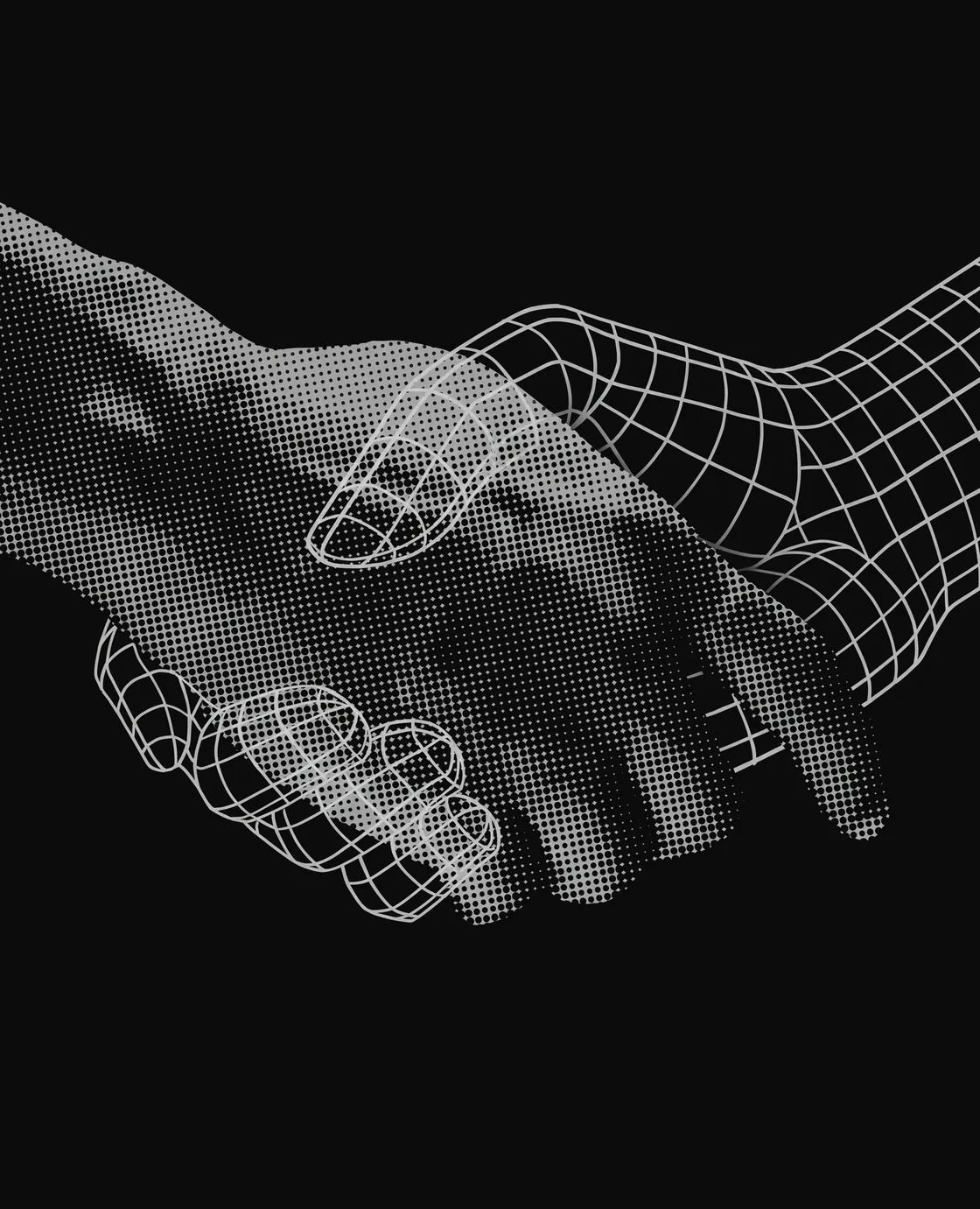 Two hands meeting in a handshake — one rendered as a halftone print, the other as a wireframe mesh